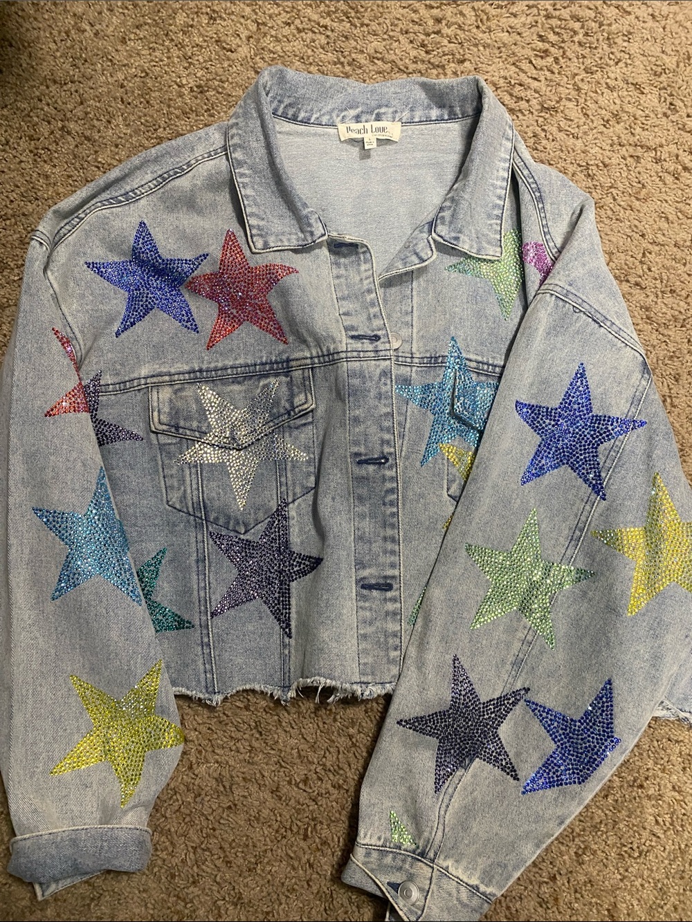 Peach Love California Light Wash Denim Jacket with Multicolor Rhinestone Stars